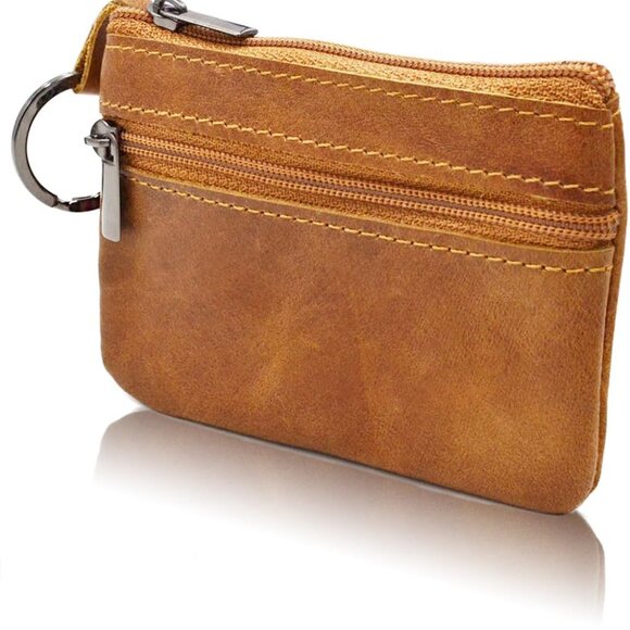 Women Genuine Leather Coin Pouch Zip Mini Purse Wallet Key Chain Double Zipper - Picture 3 of 7